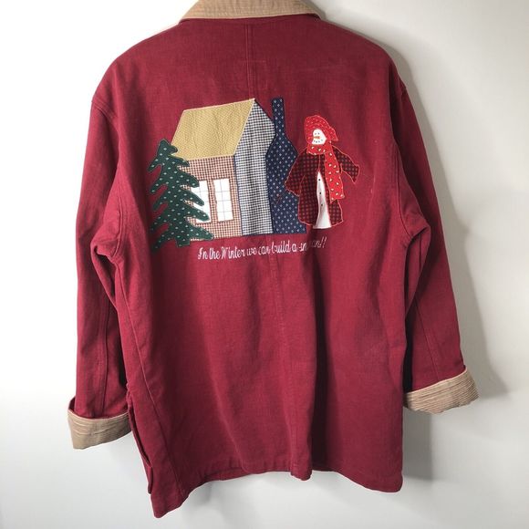Vintage Sunbelt Denim Chore Coat Red Jean Jacket Snowman Winter Womens Small - Picture 8 of 10